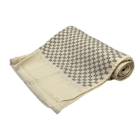 Auth GUCCI - Cream Black Wool Silk Scarf - Picture 1 of 6